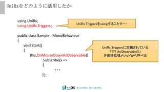 UniRxをどのように活用したか
using UniRx;
using UniRx.Triggers;
public class Sample : MonoBehaviour
{
void Start()
{
this.OnMouseDownAsObservable()
.Subscribe(x =>
｛
・・・
｝);
UniRx.Triggersをusingすることで・・・
UniRx.Triggersに定義されている
「??? AsObservable()」
を直接拡張メソッドから呼べる
 