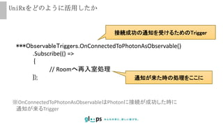 UniRxをどのように活用したか
***ObservableTriggers.OnConnectedToPhotonAsObservable()
.Subscribe(() =>
｛
// Roomへ再入室処理
});
※OnConnectedToPhotonAsObservableはPhotonに接続が成功した時に
通知が来るTrigger
接続成功の通知を受けるためのTrigger
通知が来た時の処理をここに
 