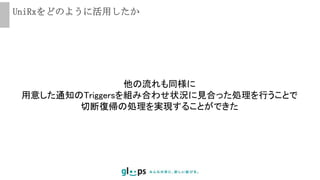 UniRxをどのように活用したか
他の流れも同様に
用意した通知のTriggersを組み合わせ状況に見合った処理を行うことで
切断復帰の処理を実現することができた
 