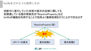 UniRxをどのように活用したか
切断中に進行していた状態や表示の反映に関しても
各関連している値の格納先を「ReactiveProperty」など
UniRxの機能を利用することで効率よく復帰処理を行うことができるはず
ReactiveProperty<型>
ＨＰバーの表示 表示処理A 表示処理B
通知
 