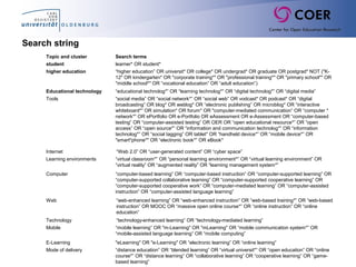 Search string
Topic and cluster Search terms
student learner* OR student*
higher education “higher education” OR universit* OR college* OR undergrad* OR graduate OR postgrad* NOT ("K-
12" OR kindergarten* OR "corporate training*" OR "professional training*" OR "primary school*" OR
"middle school*" OR “vocational education” OR “adult education”)
Educational technology “educational technolog*” OR “learning technolog*” OR “digital technolog*” OR “digital media”
Tools “social media” OR “social network*” OR “social web” OR vodcast* OR podcast* OR “digital
broadcasting” OR blog* OR weblog* OR “electronic publishing” OR microblog* OR “interactive
whiteboard*” OR simulation* OR forum* OR "computer-mediated communication” OR “computer *
network*” OR ePortfolio OR e-Portfolio OR eAssessment OR e-Assessment OR “computer-based
testing” OR “computer-assisted testing” OR OER OR “open educational resource*” OR “open
access” OR “open source*” OR “information and communication technolog*” OR “information
technolog*” OR “social tagging” OR tablet* OR “handheld device*” OR “mobile device*” OR
"smart*phone*" OR “electronic book*” OR eBook*
Internet “Web 2.0” OR “user-generated content” OR “cyber space”
Learning environments “virtual classroom*” OR “personal learning environment*” OR “virtual learning environment” OR
“virtual reality” OR “augmented reality” OR “learning management system*”
Computer “computer-based learning” OR “computer-based instruction” OR “computer-supported learning” OR
“computer-supported collaborative learning” OR “computer-supported cooperative learning” OR
“computer-supported cooperative work” OR “computer-mediated learning” OR “computer-assisted
instruction” OR “computer-assisted language learning”
Web “web-enhanced learning” OR “web-enhanced instruction” OR “web-based training*” OR “web-based
instruction” OR MOOC OR “massive open online course*” OR “online instruction” OR “online
education”
Technology “technology-enhanced learning” OR “technology-mediated learning”
Mobile “mobile learning” OR "m-Learning" OR "mLearning" OR “mobile communication system*” OR
“mobile-assisted language learning” OR “mobile computing”
E-Learning "eLearning" OR "e-Learning" OR “electronic learning” OR “online learning”
Mode of delivery “distance education” OR “blended learning” OR “virtual universit*” OR “open education” OR “online
course*” OR “distance learning” OR “collaborative learning” OR “cooperative learning” OR “game-
based learning”
 