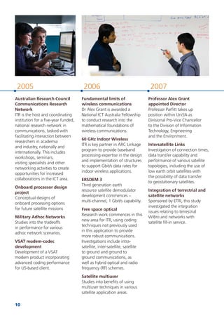 10
20072006
Fundamental limits of
wireless communications
Dr Alex Grant is awarded a
National ICT Australia Fellowship
to conduct research into the
mathematical foundations of
wireless communications.
60 GHz Indoor Wireless
ITR is key partner in ARC Linkage
program to provide baseband
processing expertise in the design
and implementation of structures
to support Gbit/s data rates for
indoor wireless applications.
ERSDEM 3
Third generation earth
resource satellite demodulator
development commences –
multi-channel, 1 Gbit/s capability.
Free space optical
Research work commences in this
new area for ITR, using coding
techniques not previously used
in this application to provide
more robust communications.
Investigations include intra-
satellite, inter-satellite, satellite
to ground and ground to
ground communications, as
well as hybrid optical and radio
frequency (RF) schemes.
Satellite multiuser
Studies into beneﬁts of using
multiuser techniques in various
satellite application areas.
Professor Alex Grant
appointed Director
Professor Parﬁtt takes up
position within UniSA as
Divisional Pro-Vice Chancellor
to the Division of Information
Technology, Engineering
and the Environment.
Intersatellite Links
Investigation of connection times,
data transfer capability and
performance of various satellite
topologies, including the use of
low earth orbit satellites with
the possibility of data transfer
to geostationary satellites.
Integration of terrestrial and
satellite networks
Sponsored by ETRI, this study
investigated the integration
issues relating to terrestrial
WiBro and networks with
satellite ﬁll-in service.
2005
Australian Research Council
Communications Research
Network
ITR is the host and coordinating
institution for a ﬁve-year funded,
national research network in
communications, tasked with
facilitating interaction between
researchers in academia
and industry, nationally and
internationally. This includes
workshops, seminars,
visiting specialists and other
networking activities to create
opportunities for increased
collaborations in the ICT area.
Onboard processor design
project
Conceptual designs of
onboard processing options
for future satellite missions
Military Adhoc Networks
Studies into the tradeoffs
in performance for various
adhoc network scenarios.
VSAT modem-codec
development
Development of a VSAT
modem product incorporating
advanced coding performance
for US-based client.
 