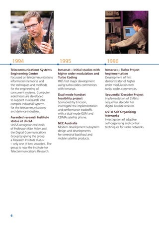 6
199619951994
Telecommunications Systems
Engineering Centre
Focussed on telecommunications
information networks and
the techniques and methods
for the engineering of
concurrent systems. Computer
aided tools are developed
to support its research into
complex industrial systems
for the telecommunications
and defence industries.
Awarded research Institute
status at UniSA
UniSA recognises the work
of Professor Mike Miller and
the Digital Communications
Group by giving the group
a Research Institute status
– only one of two awarded. The
group is now the Institute for
Telecommunications Research.
Inmarsat – Initial studies with
higher order modulation and
Turbo Coding
ITR’s ﬁrst major development
using turbo codes commences
with Inmarsat.
Dual mode handset
feasibility project
Sponsored by Ericsson,
investigate the implementation
and performance tradeoffs
with a dual mode GSM and
CDMA satellite phone.
NEC Australia
Modem development subsystem
design and developments
for terrestrial backhaul and
mobile satellite products.
Inmarsat – Turbo Project
Implementation
Development of ﬁrst
demonstrator of higher
order modulation with
turbo codes commences.
Sequential Decoder Project
Implementation of 2Mbits
sequential decoder for
digital satellite receiver.
DSTO Self Organising
Networks
Investigation of adaptive
self-organising and control
techniques for radio networks.
 