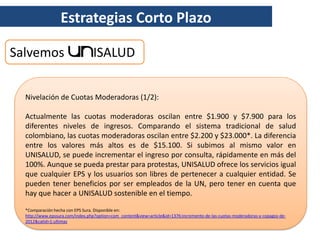 Estrategias Corto Plazo

Salvemos                          ISALUD


  Nivelación de Cuotas Moderadoras (1/2):

  Actualmente las cuotas moderadoras oscilan entre $1.900 y $7.900 para los
  diferentes niveles de ingresos. Comparando el sistema tradicional de salud
  colombiano, las cuotas moderadoras oscilan entre $2.200 y $23.000*. La diferencia
  entre los valores más altos es de $15.100. Si subimos al mismo valor en
  UNISALUD, se puede incrementar el ingreso por consulta, rápidamente en más del
  100%. Aunque se pueda prestar para protestas, UNISALUD ofrece los servicios igual
  que cualquier EPS y los usuarios son libres de pertenecer a cualquier entidad. Se
  pueden tener beneficios por ser empleados de la UN, pero tener en cuenta que
  hay que hacer a UNISALUD sostenible en el tiempo.

  *Comparación hecha con EPS Sura. Disponible en:
  http://www.epssura.com/index.php?option=com_content&view=article&id=1376:incremento-de-las-cuotas-moderadoras-y-copagos-de-
  2012&catid=1:ultimas
 