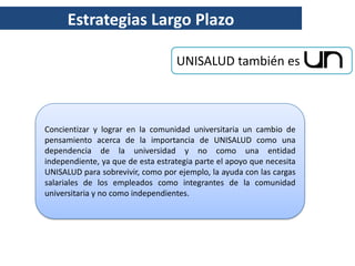Estrategias Largo Plazo

                                   UNISALUD también es



Concientizar y lograr en la comunidad universitaria un cambio de
pensamiento acerca de la importancia de UNISALUD como una
dependencia de la universidad y no como una entidad
independiente, ya que de esta estrategia parte el apoyo que necesita
UNISALUD para sobrevivir, como por ejemplo, la ayuda con las cargas
salariales de los empleados como integrantes de la comunidad
universitaria y no como independientes.
 