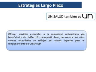 Estrategias Largo Plazo

                                 UNISALUD también es



Ofrecer servicios especiales a la comunidad universitaria y/o
beneficiarios de UNISALUD, como particulares, de manera que estos
valores recaudados se reflejen en nuevos ingresos para el
funcionamiento de UNISALUD.
 
