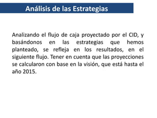 Análisis de las Estrategias


Analizando el flujo de caja proyectado por el CID, y
basándonos en las estrategias que hemos
planteado, se refleja en los resultados, en el
siguiente flujo. Tener en cuenta que las proyecciones
se calcularon con base en la visión, que está hasta el
año 2015.
 