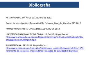 Bibliografía

ACTA UNISALUD JDN No 05 2012 JUNIO DE 2012.

Centro de Investigación y Desarrollo CID. “Informe_final_de_Unisalud RF”. 2012.

PROYECTO DE LEY ESTATUTARIA EN SALUD JULIO DE 2012

UNIVERSIDAD NACIONAL DE COLOMBIA. UNISALUD. Disponible en:
http://www.unisalud.unal.edu.co/fileadmin/archivos/instructivo%20codigo%20bu
en%20gobierno%20imprimir.pdf

SURAMERICANA. EPS SURA. Disponible en:
http://www.epssura.com/index.php?option=com_content&view=article&id=1376:i
ncremento-de-las-cuotas-moderadoras-y-copagos-de-2012&catid=1:ultimas
 