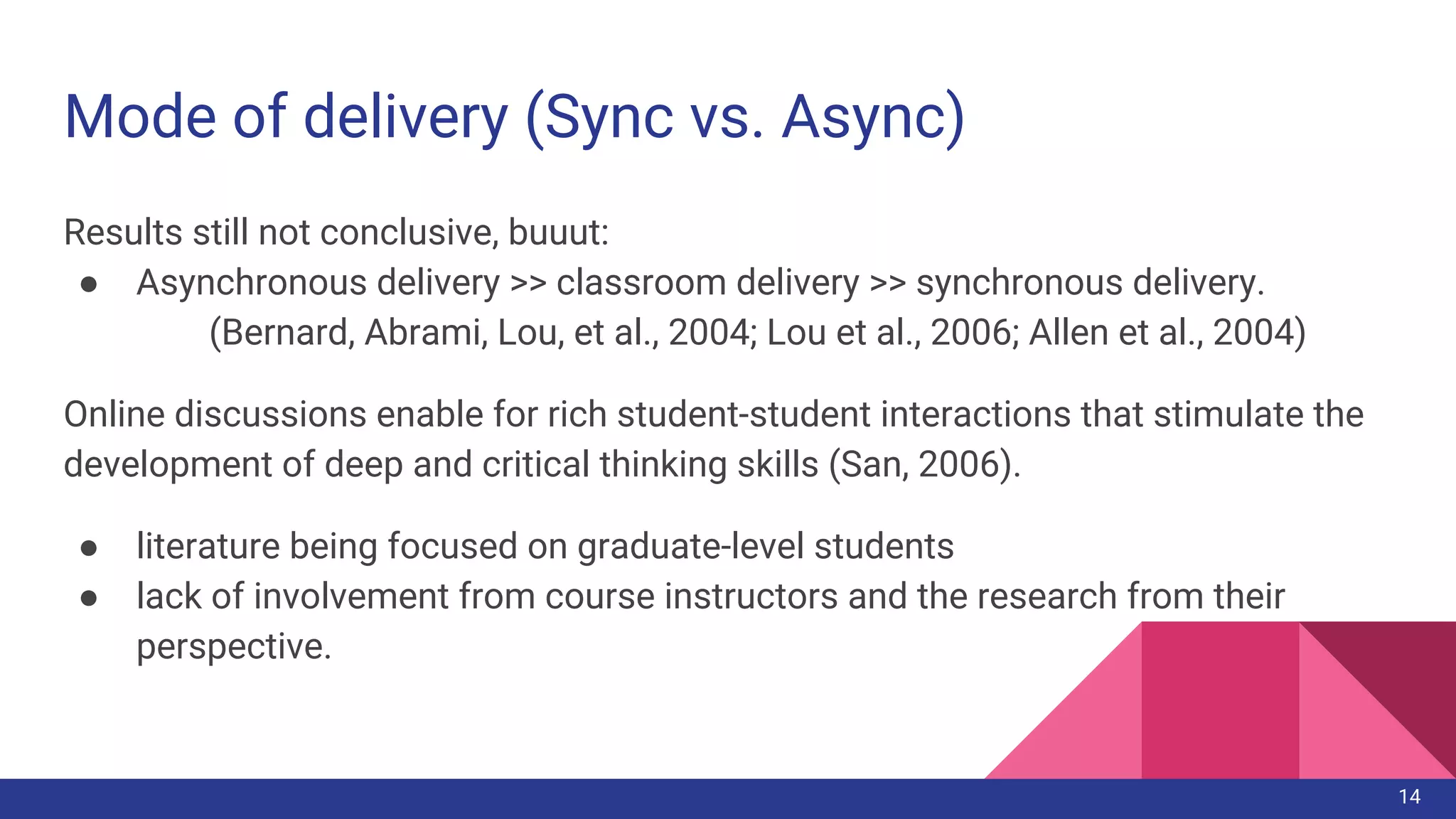 Mode of delivery (Sync vs. Async)
Results still not conclusive, buuut:
● Asynchronous delivery >> classroom delivery >> synchronous delivery.
(Bernard, Abrami, Lou, et al., 2004; Lou et al., 2006; Allen et al., 2004)
Online discussions enable for rich student-student interactions that stimulate the
development of deep and critical thinking skills (San, 2006).
● literature being focused on graduate-level students
● lack of involvement from course instructors and the research from their
perspective.
14
 