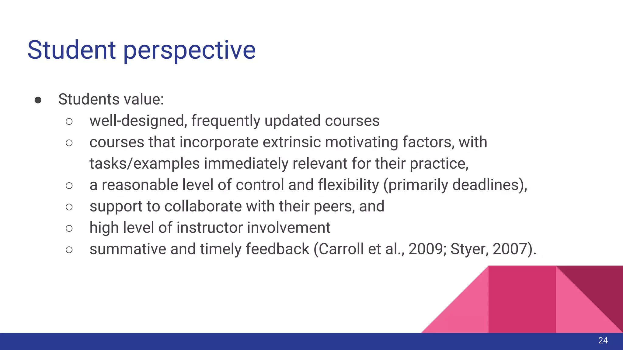 Student perspective
● Students value:
○ well-designed, frequently updated courses
○ courses that incorporate extrinsic motivating factors, with
tasks/examples immediately relevant for their practice,
○ a reasonable level of control and flexibility (primarily deadlines),
○ support to collaborate with their peers, and
○ high level of instructor involvement
○ summative and timely feedback (Carroll et al., 2009; Styer, 2007).
24
 