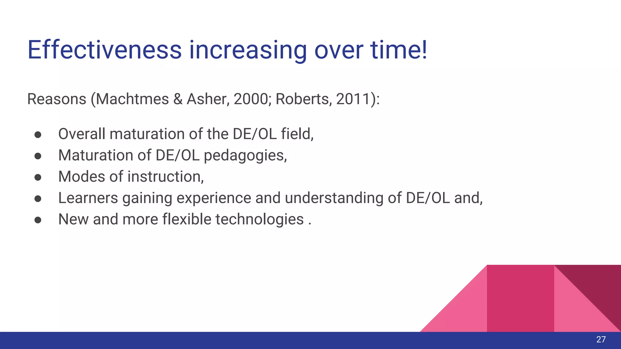 Effectiveness increasing over time!
27
Reasons (Machtmes & Asher, 2000; Roberts, 2011):
● Overall maturation of the DE/OL field,
● Maturation of DE/OL pedagogies,
● Modes of instruction,
● Learners gaining experience and understanding of DE/OL and,
● New and more flexible technologies .
 