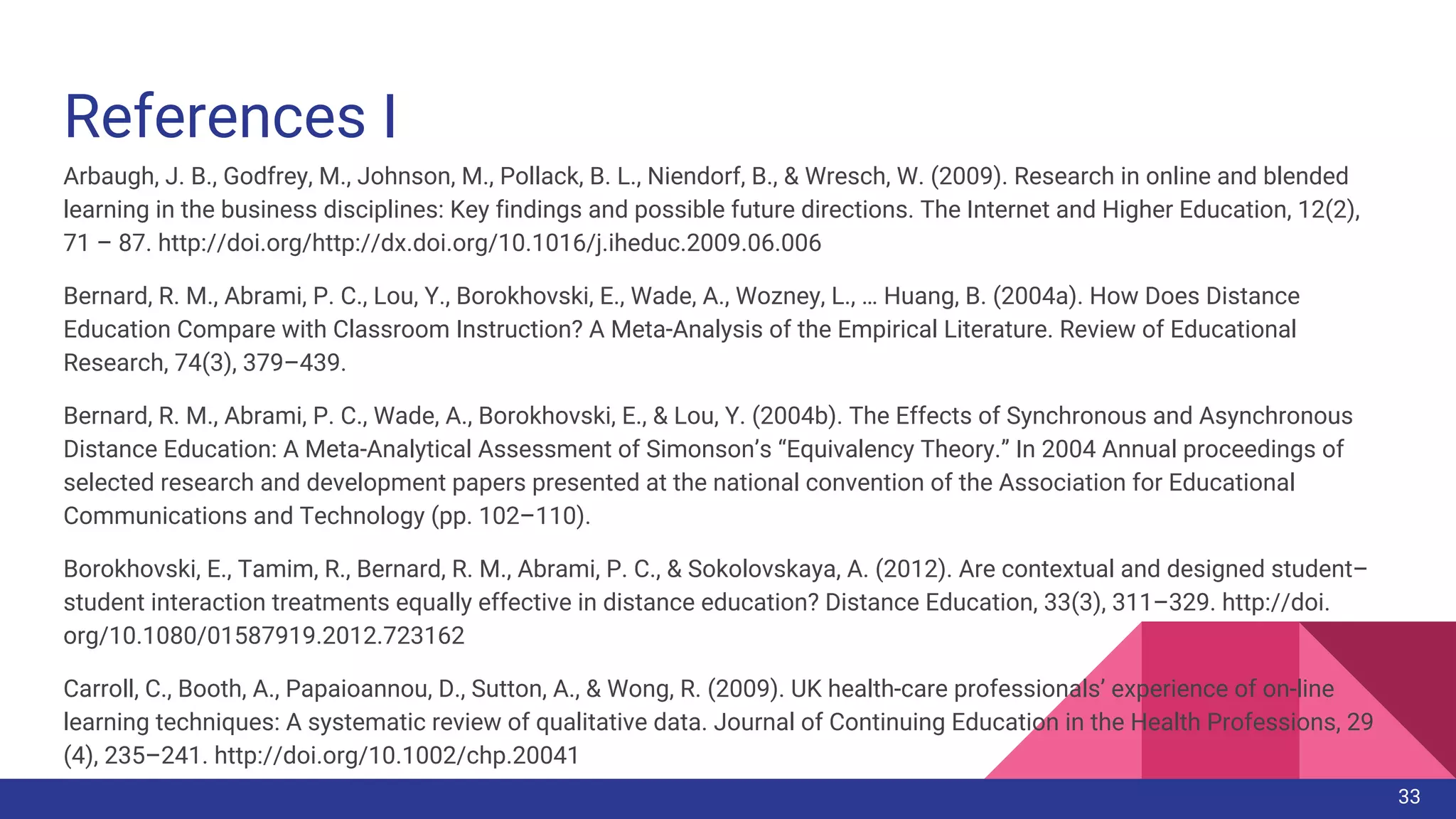 References I
Arbaugh, J. B., Godfrey, M., Johnson, M., Pollack, B. L., Niendorf, B., & Wresch, W. (2009). Research in online and blended
learning in the business disciplines: Key findings and possible future directions. The Internet and Higher Education, 12(2),
71 – 87. http://doi.org/http://dx.doi.org/10.1016/j.iheduc.2009.06.006
Bernard, R. M., Abrami, P. C., Lou, Y., Borokhovski, E., Wade, A., Wozney, L., … Huang, B. (2004a). How Does Distance
Education Compare with Classroom Instruction? A Meta-Analysis of the Empirical Literature. Review of Educational
Research, 74(3), 379–439.
Bernard, R. M., Abrami, P. C., Wade, A., Borokhovski, E., & Lou, Y. (2004b). The Effects of Synchronous and Asynchronous
Distance Education: A Meta-Analytical Assessment of Simonson’s “Equivalency Theory.” In 2004 Annual proceedings of
selected research and development papers presented at the national convention of the Association for Educational
Communications and Technology (pp. 102–110).
Borokhovski, E., Tamim, R., Bernard, R. M., Abrami, P. C., & Sokolovskaya, A. (2012). Are contextual and designed student–
student interaction treatments equally effective in distance education? Distance Education, 33(3), 311–329. http://doi.
org/10.1080/01587919.2012.723162
Carroll, C., Booth, A., Papaioannou, D., Sutton, A., & Wong, R. (2009). UK health-care professionals’ experience of on-line
learning techniques: A systematic review of qualitative data. Journal of Continuing Education in the Health Professions, 29
(4), 235–241. http://doi.org/10.1002/chp.20041
33
 