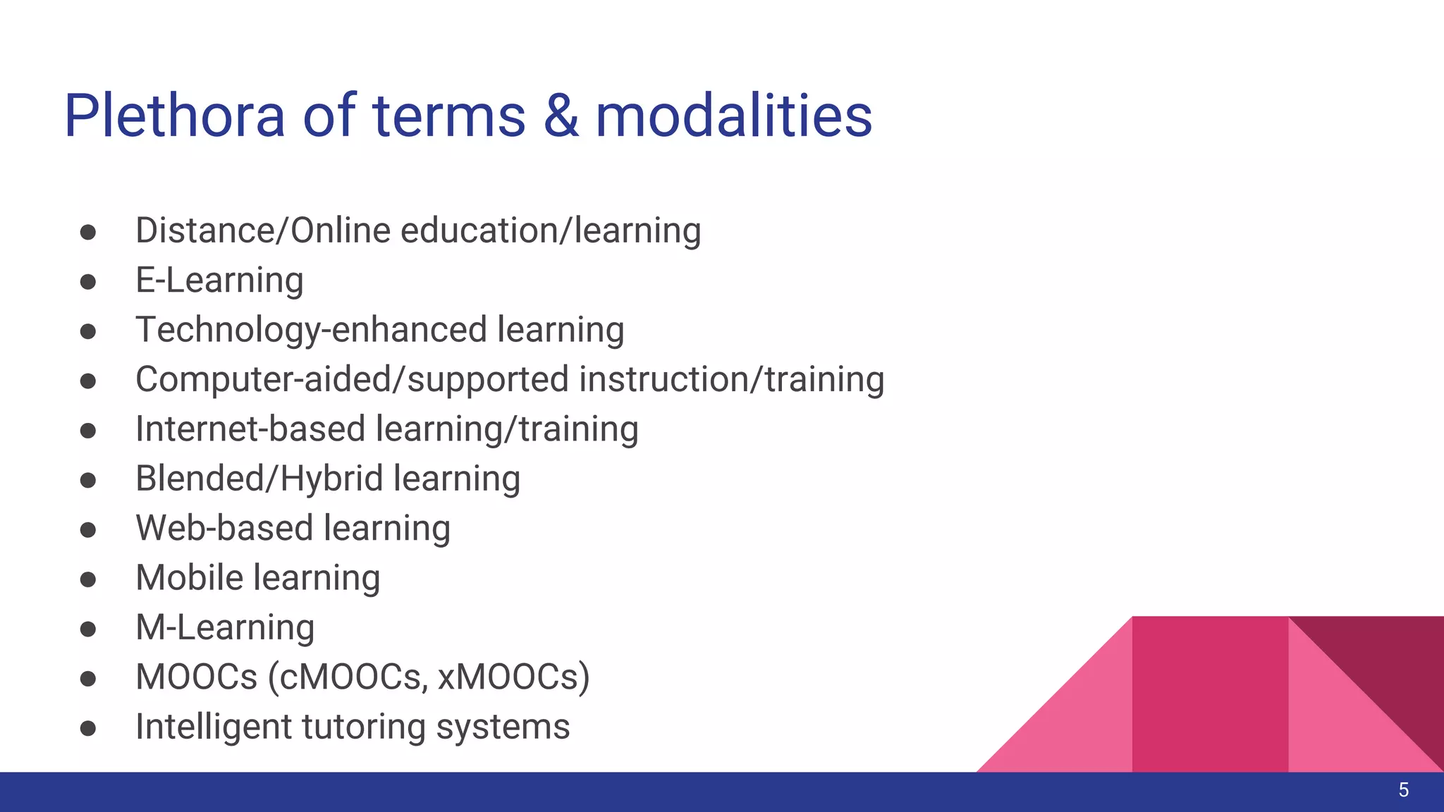 Plethora of terms & modalities
● Distance/Online education/learning
● E-Learning
● Technology-enhanced learning
● Computer-aided/supported instruction/training
● Internet-based learning/training
● Blended/Hybrid learning
● Web-based learning
● Mobile learning
● M-Learning
● MOOCs (cMOOCs, xMOOCs)
● Intelligent tutoring systems
5
 