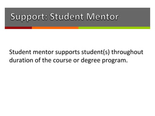 Student mentor supports student(s) throughout
duration of the course or degree program.
 