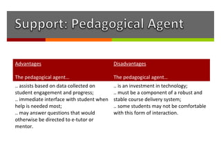 Advantages                                 Disadvantages

The pedagogical agent…                     The pedagogical agent…
.. assists based on data collected on      .. is an investment in technology;
student engagement and progress;           .. must be a component of a robust and
.. immediate interface with student when   stable course delivery system;
help is needed most;                       .. some students may not be comfortable
.. may answer questions that would         with this form of interaction.
otherwise be directed to e-tutor or
mentor.
 
