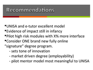 UNISA and e-tutor excellent model
Evidence of impact still in infancy
Pilot high risk modules with X% more interface
Consider ONE brand new fully online
“signature” degree program.
   - sets tone of innovation
   - market driven degree (employability)
   - pilot mentor model most meaningful to UNISA
 