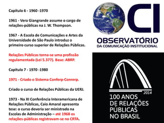 Capítulo 6 - 1960 -1970
1961 - Vera Giangrande assume o cargo de
relações-públicas na J. W. Thompson.
1967 - A Escola de Comunicações e Artes da
Universidade de São Paulo introduz o
primeiro curso superior de Relações Públicas.
Relações Públicas torna-se uma profissão
regulamentada (Lei 5.377). Base: ABRP.
Capítulo 7 - 1970 -1980
1971 - Criado o Sistema Conferp-Conrerp.
Criado o curso de Relações Públicas da UERJ.
1973 - Na XI Conferência Interamericana de
Relações Públicas, Caio Amaral apresenta
tese: o curso deveria ser ministrado na
Escolas de Administração – até 1968 os
relações-públicas registravam-se no CRTA.
 