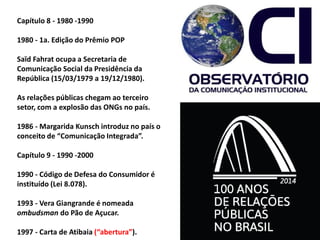 Capítulo 8 - 1980 -1990
1980 - 1a. Edição do Prêmio POP
Saïd Fahrat ocupa a Secretaria de
Comunicação Social da Presidência da
República (15/03/1979 a 19/12/1980).
As relações públicas chegam ao terceiro
setor, com a explosão das ONGs no país.
1986 - Margarida Kunsch introduz no país o
conceito de “Comunicação Integrada”.
Capítulo 9 - 1990 -2000
1990 - Código de Defesa do Consumidor é
instituído (Lei 8.078).
1993 - Vera Giangrande é nomeada
ombudsman do Pão de Açucar.
1997 - Carta de Atibaia (“abertura”).
 