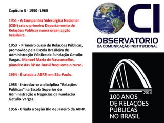 Capítulo 5 - 1950 -1960
1951 - A Companhia Siderúrgica Nacional
(CSN) cria o primeiro Departamento de
Relações Públicas numa organização
brasileira.
1953 - Primeiro curso de Relações Públicas,
promovido pela Escola Brasileira de
Administração Pública da Fundação Getulio
Vargas. Manoel Maria de Vasconcellos,
pioneiro das RP no Brasil frequenta o curso.
1954 - É criada a ABRP, em São Paulo.
1955 - Introduz-se a disciplina “Relações
Públicas” na Escola Superior de
Administração e Negócios da Fundação
Getulio Vargas.
1956 - Criada a Seção Rio de Janeiro da ABRP.
 