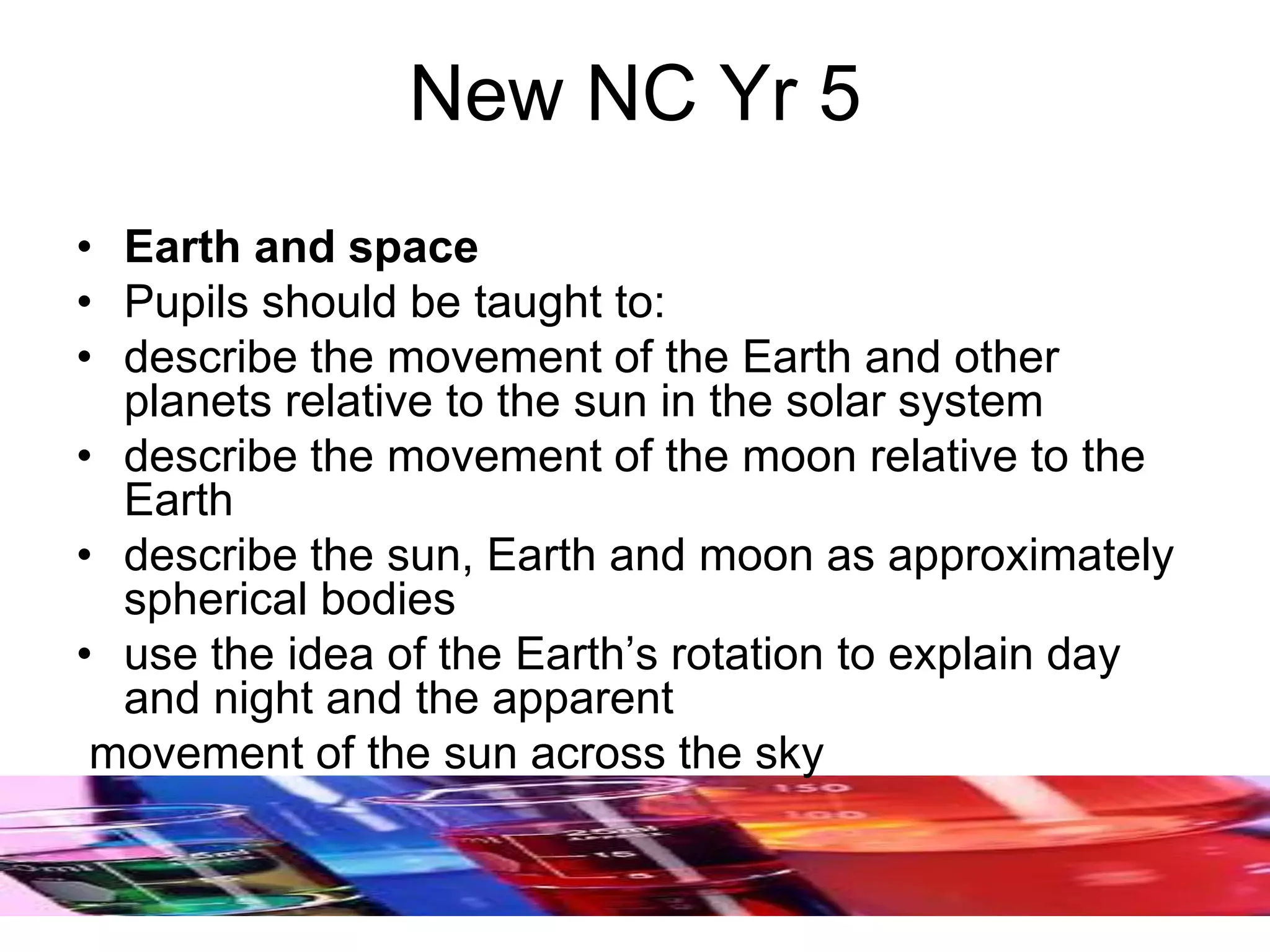 New NC Yr 5
• Earth and space
• Pupils should be taught to:
• describe the movement of the Earth and other
planets relative to the sun in the solar system
• describe the movement of the moon relative to the
Earth
• describe the sun, Earth and moon as approximately
spherical bodies
• use the idea of the Earth’s rotation to explain day
and night and the apparent
movement of the sun across the sky
 