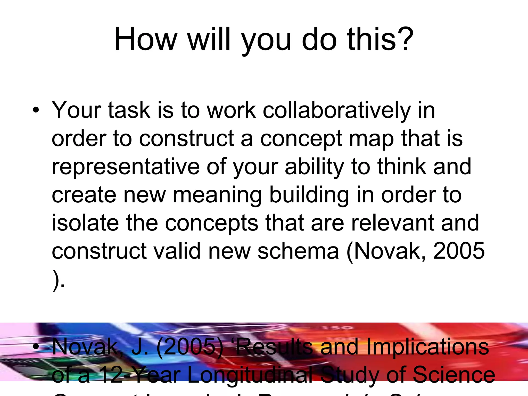 How will you do this?
• Your task is to work collaboratively in
order to construct a concept map that is
representative of your ability to think and
create new meaning building in order to
isolate the concepts that are relevant and
construct valid new schema (Novak, 2005
).
• Novak, J. (2005) ‘Results and Implications
of a 12-Year Longitudinal Study of Science
 