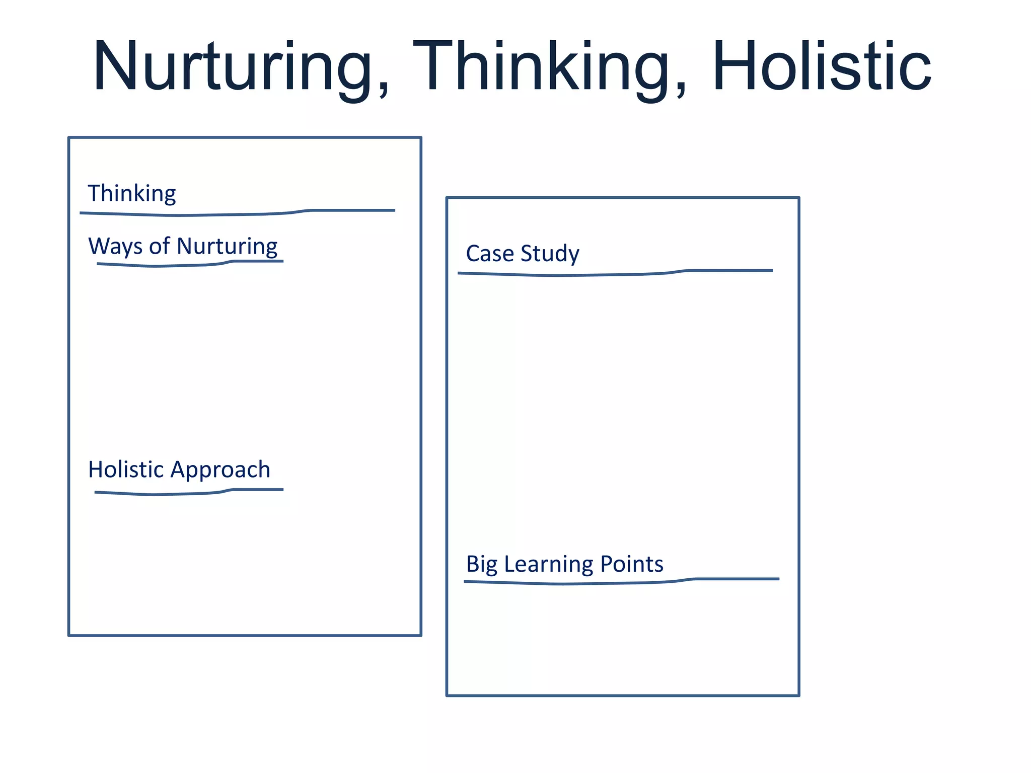 Nurturing, Thinking, Holistic
Thinking
Ways of Nurturing Case Study
Holistic Approach
Big Learning Points