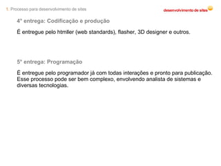 4° entrega: Codificação e produção É entregue pelo htmller (web standards), flasher, 3D designer e outros. 5° entrega: Programação É entregue pelo programador já com todas interações e pronto para publicação. Esse processo pode ser bem complexo, envolvendo analista de sistemas e diversas tecnologias. 1.  Processo para desenvolvimento de sites 
