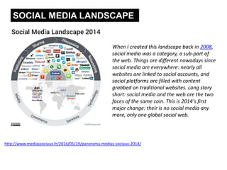 SOCIAL MEDIA LANDSCAPE 
When I created this landscape back in 2008, 
social media was a category, a sub-part of 
the web. Things are different nowadays since 
social media are everywhere: nearly all 
websites are linked to social accounts, and 
social platforms are filled with content 
grabbed on traditional websites. Long story 
short: social media and the web are the two 
faces of the same coin. This is 2014′s first 
major change: their is no social media any 
more, only one global social web. 
http://www.mediassociaux.fr/2014/05/19/panorama-medias-sociaux-2014/ 
 