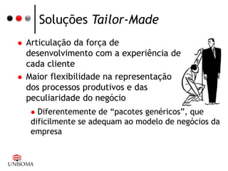 Soluções Tailor-Made
   Articulação da força de
    desenvolvimento com a experiência de
    cada cliente
   Maior flexibilidade na representação
    dos processos produtivos e das
    peculiaridade do negócio
      Diferentemente de “pacotes genéricos”, que
     dificilmente se adequam ao modelo de negócios da
     empresa
 