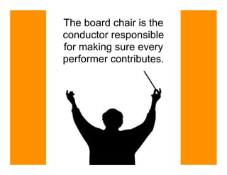 The board chair is the
conductor responsible
for making sure every
performer contributes.
 