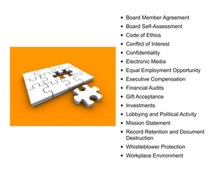 •   Board Member Agreement
•   Board Self-Assessment
•   Code of Ethics
•   Conflict of Interest
•   Confidentiality
•   Electronic Media
•   Equal Employment Opportunity
•   Executive Compensation
•   Financial Audits
•   Gift Acceptance
•   Investments
•   Lobbying and Political Activity
•   Mission Statement
•   Record Retention and Document
    Destruction
•   Whistleblower Protection
•   Workplace Environment
 