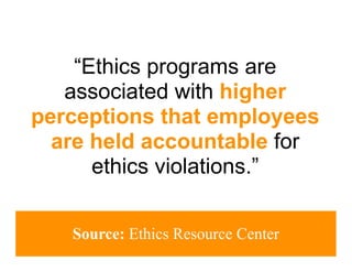 “Ethics programs are
   associated with higher
perceptions that employees
  are held accountable for
      ethics violations.”


   Source: Ethics Resource Center
 
