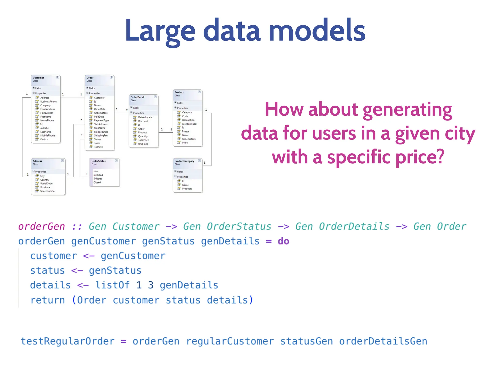 Large data models
How about generating
data for users in a given city
with a specific price?
 