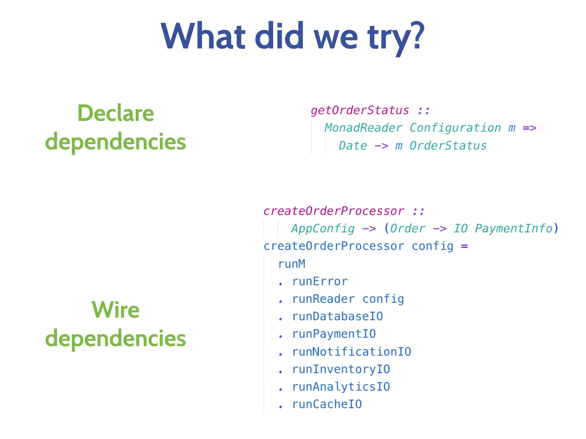 What did we try?
Declare
dependencies
Wire
dependencies
 
