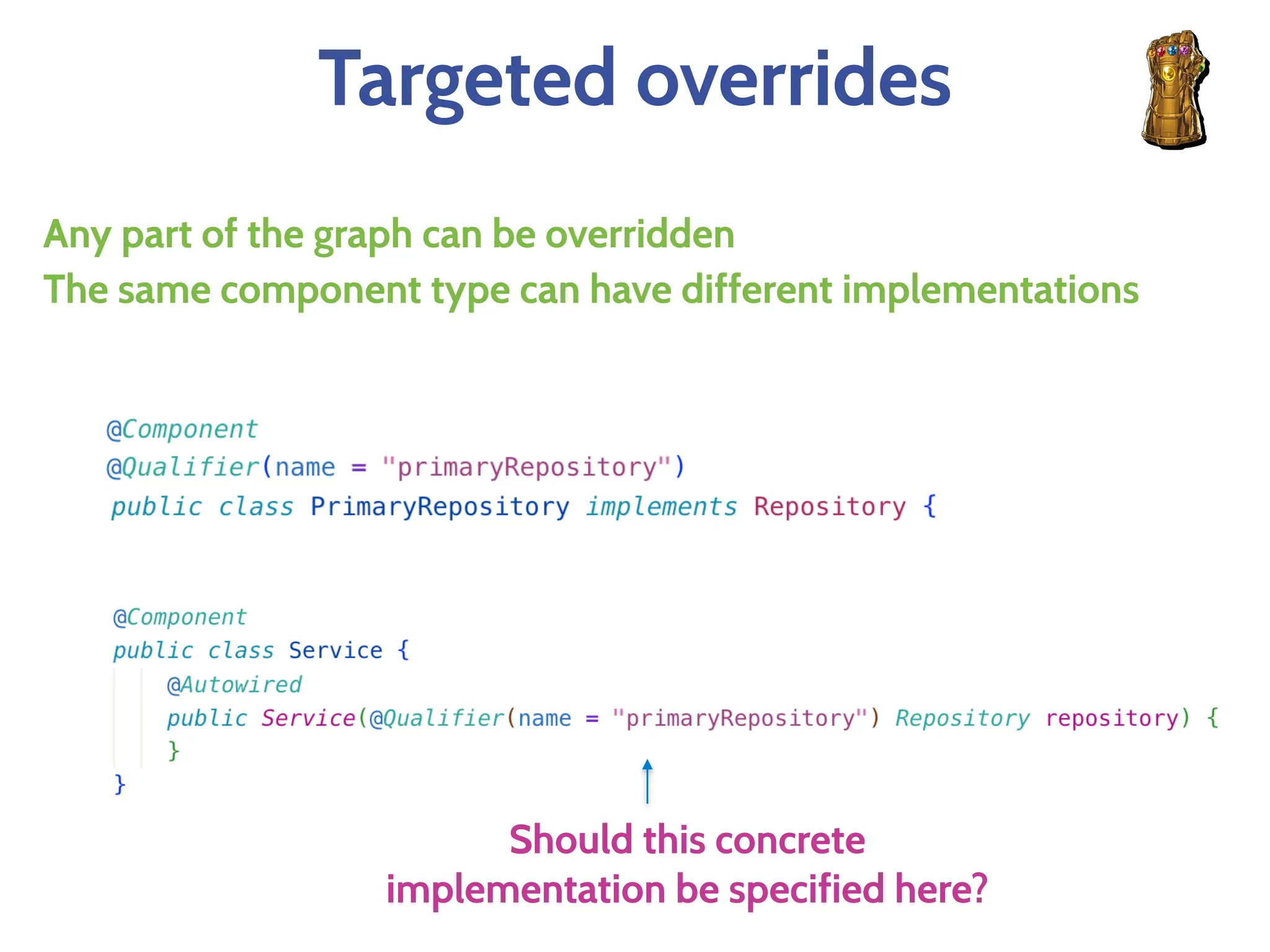 Targeted overrides
Any part of the graph can be overridden
The same component type can have different implementations
Should this concrete
implementation be specified here?
 