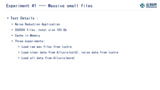 Experiment #1 --- Massive small files
• Test Details :
• Noise Reduction Application
• 500000 files ,total size 183 Gb
• Cache in Memory
• Three experiments:
• Load raw wav files from lustre
• Load clear data from Alluxio(cold), noise data from lustre
• Load all data from Alluxio(warm)
 