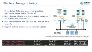 Platform Storage - Lustre
E
• Distributed file storage system provides
continuous large space (PB scale)
• Multi-Lustre clusters with different networks （
InfiniBand and Ethernet ）
• Data verification and replication, ensure data
security
• Support online expansion and version update
Site: https://documen.site/download/03-session-intel-manager-for-lustre_pdf
 