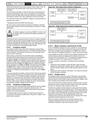 Safety
Information
General Installation
Liftsoftware
functions
I/O
configuration
Basic
operation
Parameters Set-up Optimisation
Rescue
operation
SMARTCARD
operation
Commissioning
software tools
Diagnostics
Unidrive SP Elevator User Guide 41
Issue Number: 1 www.controltechniques.com
without the continuous correct active behavior of the inverter circuit. All
credible faults in the inverter power circuit cause a loss of torque
generation.
The SD function is fail-safe, so when the SD input is disconnected the
drive will not operate the motor, even if a combination of components
within the drive has failed. Most component failures are revealed by the
drive failing to operate. SD is also independent of the drive firmware.
This meets the requirements of EN954-1 category 3 for the prevention of
operation of the motor.1
1 Independent approval by BGIA has been given.
SD can be used to eliminate electro-mechanical contactors, including
special safety contactors, which would otherwise be required for safety
applications.
Switching the motor contactor(s) when the control unit output is released
may lead to high amounts of excess voltage because of the high level of
inductivity, especially with gearless lift motors. This may lead to the relay
contacts being destroyed, coil damage in the motor, false tripping in the
converter or interference to the speed feedback signals.
4.15.1 Contactor control
The software enable of the Unidrive SP is delayed by approximately
100ms after the drive enable at terminal T.31 to allow for debouncing the
motor contactor(s). This prevents any spurious trip during start due to
arcing of motor contactor(s).
When ending a normal travel, the controller output is also delayed
internally until the brake closing time has expired. The delay between
the internal controller and opening the motor contactor is shown in
Pr 0.26[1] (Pr 20.20) in ms. Negative values mean the motor contactor is
opened on enable, which must be prevented. With negative delays the
brake closing time Pr 0.25[1] (Pr 18.24) should be reduced by at least
the time displayed in Pr 0.26[1] (Pr 20.20). The ideal value for Pr 0.26[1]
(Pr 20.20) is 50 to 100ms. Then even with normal travel the motor
contactor will open without current present on the motor. If the motor
contactor is controlled by the drive there is no need to check Pr 0.26[1]
Pr 20.20.
If during an inspection the safety circuit and motor contactor are opened
by the controller (during travel), the safety circuit is open; therefore the
release circuit on T. 31 should be opened immediately. This should be
opened by an additional quick relay (finder) or other suitable measure
(descent delay < 4 ms) in order to prevent the controller output being
turned on when power is flowing. In addition the motor coil should also
be protected by suitable voltage limiters (varistors).
4.15.2 Contactor configuration
To ensure the motor contactor(s) are closed before the drive is enabled,
auxiliary contacts on the motor contactor(s) should be used. The
auxiliary contacts should be connected in series with the drives secure
disable (T.31) as shown following.
The following Figure 4-20 and Figure 4-21 show the two options for
connections of the auxiliary contacts when using either a single or dual
output motor contactors.
Figure 4-20 Dual output motor contactor configuration
Figure 4-21 Single output motor contactor configuration
4.15.3 Motor contactor control (from V1.09)
From V1.09 SM-ELV software the motor contactor can be controlled by
the relay on T.41 to T.42 of the Unidrive SP. To set up this function the
relay source Pr 8.27 should be configured to Pr 19.32. This is done in
such a way that it is triggered optionally, i.e. it does not have to be used.
A pre-requisite for the motor contactor to be controlled correctly is for the
auxiliary closing contact to be looped into the release circuit on the
converter that is connected to T.31. The subsequent processing control
is triggered as before by the release signal on terminal T.31.
The motor contactor is controlled in accordance with the following
principle:
1. Closing the motor contactor: If there has been a start command
(selection of a speed with a direction signal or selection of a direction
with two direction signals), and the relay answering signal is not yet
active.
2. Opening the motor contactor: If the power in the motor has reduced
and the converter is blocked.
4.15.4 Enable circuit
The software enable of the drives output is delayed by approximately
100ms (de-bouncing contactors) after the drive enable is applied to T.31.
Spurious trips (e.g. OI.AC) which could be caused due to "chatter" of the
motor contactor are prevented by this inherent delay.
The control of the motor contactor should be carried out with no current
flowing to the motor to prevent the above issues, arcing during opening
(too soon) or closing (too late) resulting in OI.AC trips.
Therefore the parallel controlled release for opening the drive's enable
should occur before the motor contactors open. The technical data from
the contactor manufacturer should be reviewed for the correct timing for
the contactor control. Normally with the very fast interlock of the drive’s
output (few microseconds), and the switching time of the main
contactors which could be a few milliseconds, the opening of the motor
contactor(s) should naturally be at zero current.
With this circuitry the safety chain can directly switch the motor
contactors. (Adherence to this circuit the motor contactor can be
controlled at inspection mode by the protective circuit.)
To maintain category 3 according to EN954-1 the drive must
be located inside an enclosure with degree of protection at
least IP54.
WARNING
Elevator
control
Enable
Motor contactor 1
Auxiliary contact 1
Motor contactor 2
Auxiliary contact 2
Unidrive SP
T.31 Secure
Disable
T.24 - T.29
Fast Disable
Fast relay
Fast disable available with Unidrive SP date
code >= P04 and drive software >=01.10.00
Elevator
control
Enable
Motor contactor 1
Auxiliary contact 1
Unidrive SP
T.31 Secure
Disable
T.24 - T.29
Fast Disable
Fast relay
Fast disable available with Unidrive SP date
code >= P04 and drive software >=01.10.00
 