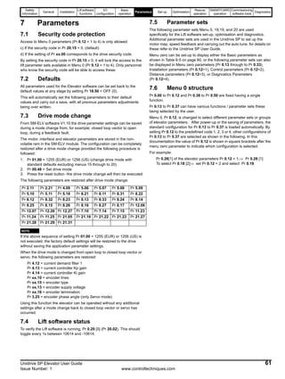 Safety
Information
General Installation
Lift software
functions
I/O
configuration
Basic
operation
Parameters Set-up Optimisation
Rescue
operation
SMARTCARD
operation
Commissioning
software tools
Diagnostics
Unidrive SP Elevator User Guide 61
Issue Number: 1 www.controltechniques.com
7 Parameters
7.1 Security code protection
Access to Menu 0 parameters (Pr 0.12 = 1 to 4) is only allowed:
c) If the security code in Pr 20.15 = 0, (default)
d) If the setting of Pr xx.00 corresponds to the drive security code.
By setting the security code in Pr 20.15 ≠ 0, it will lock the access to the
lift parameter sets available in Menu 0 (Pr 0.12 = 1 to 4). Only personnel
who know the security code will be able to access these.
7.2 Defaults
All parameters used for the Elevator software can be set back to the
default values at any stage by setting Pr 18.50 = OFF (0).
This will automatically set the following parameters to their default
values and carry out a save, with all previous parameters adjustments
being over written.
7.3 Drive mode change
From SM-ELV software V1.10 the drive parameter settings can be saved
during a mode change from, for example; closed loop vector to open
loop, during a feedback fault.
The motor, interface and elevator parameters are stored in the non-
volatile ram in the SM-ELV module. The configuration can be completely
restored after a drive mode change provided the following procedure is
followed:
1. Pr 01.00 = 1255 (EUR) or 1256 (US) (change drive mode with
standard defaults excluding menus 15 through to 20)
2. Pr 00.48 = Set drive mode
3. Press the reset button -the drive mode change will then be executed
The following parameters are restored after drive mode change:
N
If the above sequence of setting Pr 01.00 = 1255 (EUR) or 1256 (US) is
not executed, the factory default settings will be restored to the drive
without saving the application parameter settings.
When the drive mode is changed from open loop to closed loop vector or
servo, the following parameters are restored:
Pr 4.12 = current demand filter 1
Pr 4.13 = current controller Kp gain
Pr 4.14 = current controller Ki gain
Pr xx.10 = encoder lines
Pr xx.15 = encoder type
Pr xx.13 = encoder supply voltage
Pr xx.16 = encoder termination
Pr 3.25 = encoder phase angle (only Servo mode)
Using this function the elevator can be operated without any additional
settings after a mode change back to closed loop vector or servo has
occurred.
7.4 Lift software status
To verify the Lift software is running, Pr 0.29 [0] (Pr 20.02). This should
toggle every 1s between 10614 and -10614.
7.5 Parameter sets
The following parameter sets Menu 0, 18,19, and 20 are used
specifically for the Lift software set-up, optimisation and diagnostics.
Additional parameter sets are used in the Unidrive SP to set up the
motor map, speed feedback and carrying out the auto tune, for details on
these refer to the Unidrive SP User Guide.
Menu zero can be set-up to display either the Basic parameters as
shown in Table 6-5 on page 60, or the following parameter sets can also
be displayed in Menu zero parameters (Pr 0.13 through to Pr 0.33),
Installation parameters (Pr 0.12=1), Control parameters (Pr 0.12=2),
Distance parameters (Pr 0.12=3), or Diagnostics Parameters
(Pr 0.12=4).
7.6 Menu 0 structure
Pr 0.00 to Pr 0.12 and Pr 0.38 to Pr 0.50 are fixed having a single
function.
Pr 0.13 to Pr 0.37 can have various functions / parameter sets these
being selected by the user.
Menu 0, Pr 0.12, is changed to select different parameter sets or groups
of elevator parameters. After power-up or the saving of parameters, the
standard configuration for Pr 0.13 to Pr 0.37 is loaded automatically. By
setting Pr 0.12 to the predefined code 1, 2, 3 or 4, other configurations of
Pr 0.13 to Pr 0.37 are selected as shown in the following. In this
documentation the value of Pr 0.12 is shown in square brackets after the
menu zero parameter to indicate which configuration is selected.
For example:
Pr 0.26[1] of the elevator parameters Pr 0.12 = 1:⇒ Pr 0.26 [1]
To select Pr 0.18 [2]⇒ set Pr 0.12 = 2 and select Pr 0.18
Pr 2.11 Pr 2.21 Pr 4.09 Pr 5.06 Pr 5.07 Pr 5.08 Pr 5.09
Pr 5.10 Pr 5.11 Pr 5.18 Pr 8.21 Pr 8.11 Pr 8.31 Pr 8.22
Pr 8.12 Pr 8.32 Pr 8.23 Pr 8.13 Pr 8.33 Pr 8.24 Pr 8.14
Pr 8.25 Pr 8.15 Pr 8.26 Pr 8.16 Pr 8.27 Pr 8.17 Pr 12.06
Pr 12.07 Pr 12.26 Pr 12.27 Pr 7.10 Pr 7.14 Pr 7.15 Pr 11.23
Pr 11.24 Pr 11.25 Pr 21.05 Pr 21.16 Pr 21.22 Pr 21.23 Pr 21.27
Pr 21.28 Pr 21.29 Pr 21.31
NOTE
 