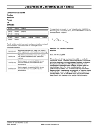 Unidrive SP Elevator User Guide 7
Issue Number: 1 www.controltechniques.com
Declaration of Conformity (Size 4 and 5)
Control Techniques Ltd
The Gro
Newtown
Powys
UK
SY16 3BE
The AC variable speed drive products listed above have been designed
and manufactured in accordance with the following European
harmonised standards:
These products comply with the Low Voltage Directive 73/23/EEC, the
Electromagnetic Compatibility (EMC) Directive 89/336/EEC and the CE
Marking Directive 93/68/EEC.
Executive Vice President, Technology
Newtown
Date: 17th January 2005
These electronic drive products are intended to be used with
appropriate motors, controllers, electrical protection components
and other equipment to form complete end products or systems.
Compliance with safety and EMC regulations depends upon
installing and configuring drives correctly, including using the
specified input filters. The drives must be installed only by
professional assemblers who are familiar with requirements for
safety and EMC. The assembler is responsible for ensuring that the
end product or system complies with all the relevant laws in the
country where it is to be used. Refer to the User Guide. An EMC
Data Sheet is also available giving detailed EMC information.
SP4201 SP4202 SP4203
SP4401 SP4402 SP4403
SP5401 SP5402
SP4601 SP4602 SP4603 SP4604 SP4605 SP4606
SP5601 SP5602
EN 61800-5-1
Adjustable speed electrical power drive systems -
safety requirements - electrical, thermal and energy
EN 61800-3
Adjustable speed electrical power drive systems.
EMC product standard including specific test
methods
EN 61000-6-2
Electromagnetic compatibility (EMC). Generic
standards. Immunity standard for industrial
environments
EN 61000-6-4
Electromagnetic compatibility (EMC). Generic
standards. Emission standard for industrial
environments
 