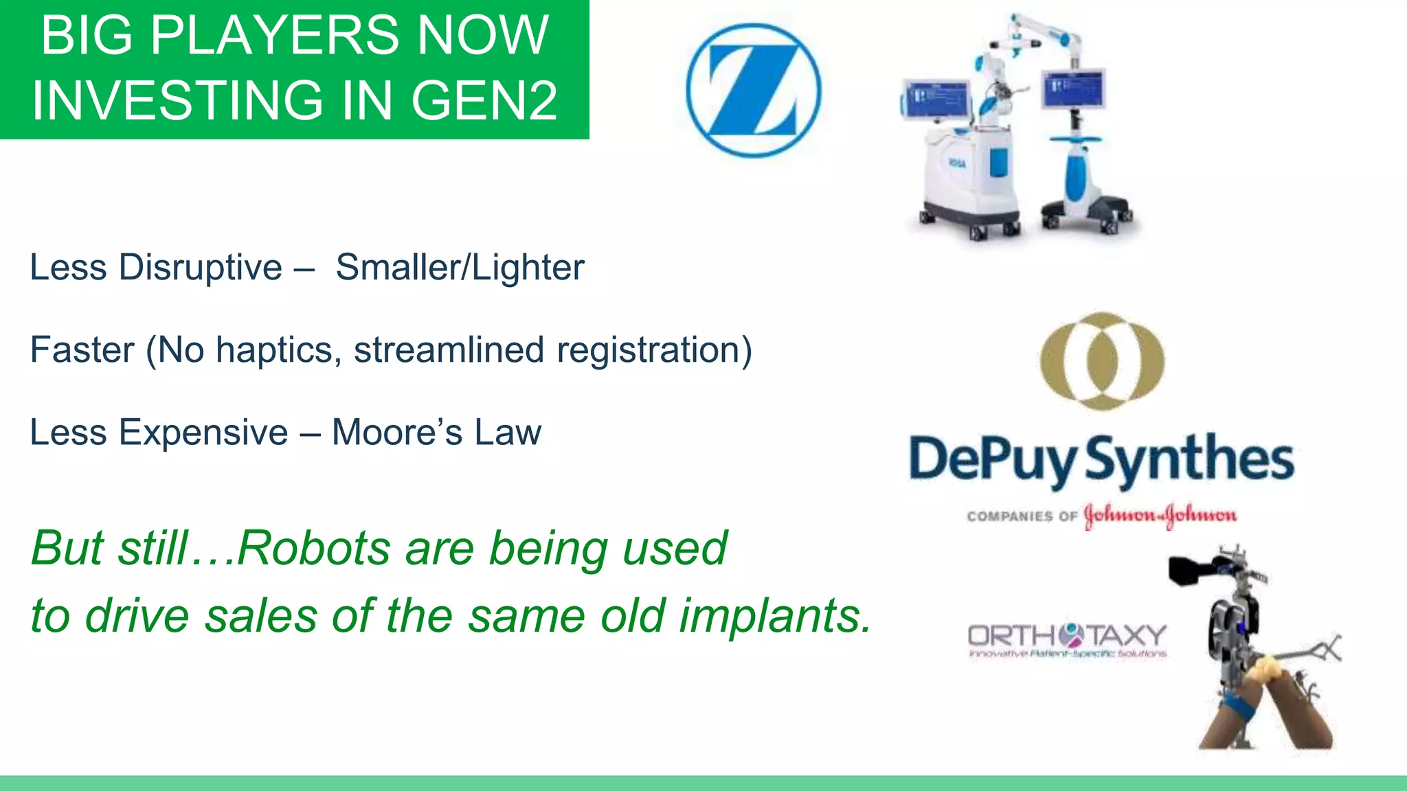 Less Disruptive – Smaller/Lighter
Faster (No haptics, streamlined registration)
Less Expensive – Moore’s Law
But still…Robots are being used
to drive sales of the same old implants.
BIG PLAYERS NOW
INVESTING IN GEN2
 
