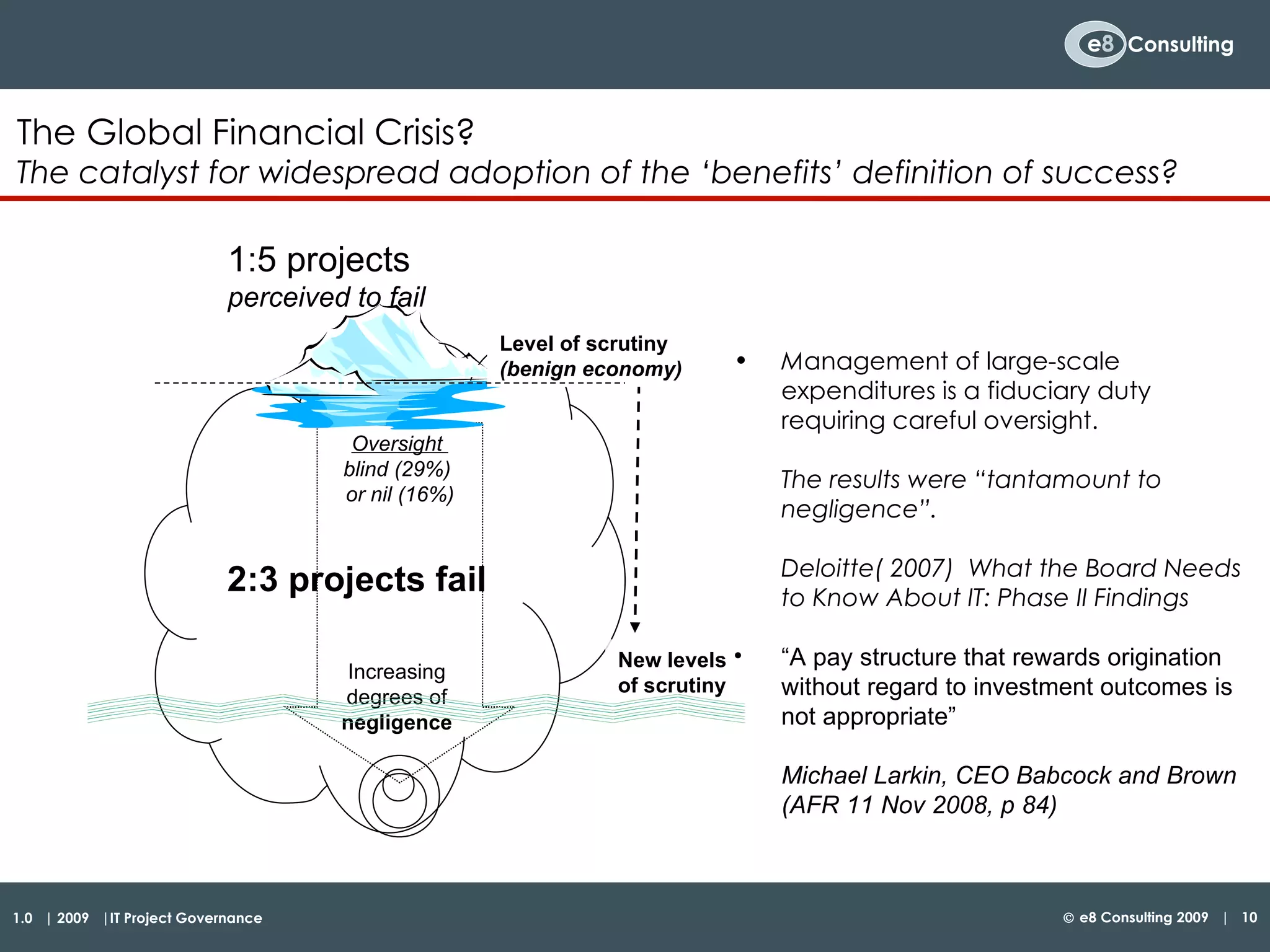 The Global Financial Crisis? The catalyst for widespread adoption of the ‘benefits’ definition of success? Oversight  blind (29%)  or nil (16%) Increasing  degrees of   negligence   Level of scrutiny  (benign economy) 1:5 projects  perceived to fail 2:3 projects fail New levels  of scrutiny M anagement of large-scale expenditures is a fiduciary duty requiring careful oversight.  The results were “tantamount to negligence”.  Deloitte( 2007)  What the Board Needs to Know About IT: Phase II Findings  “ A pay structure that rewards origination without regard to investment outcomes is not appropriate”  Michael Larkin, CEO Babcock and Brown (AFR 11 Nov 2008, p 84) 