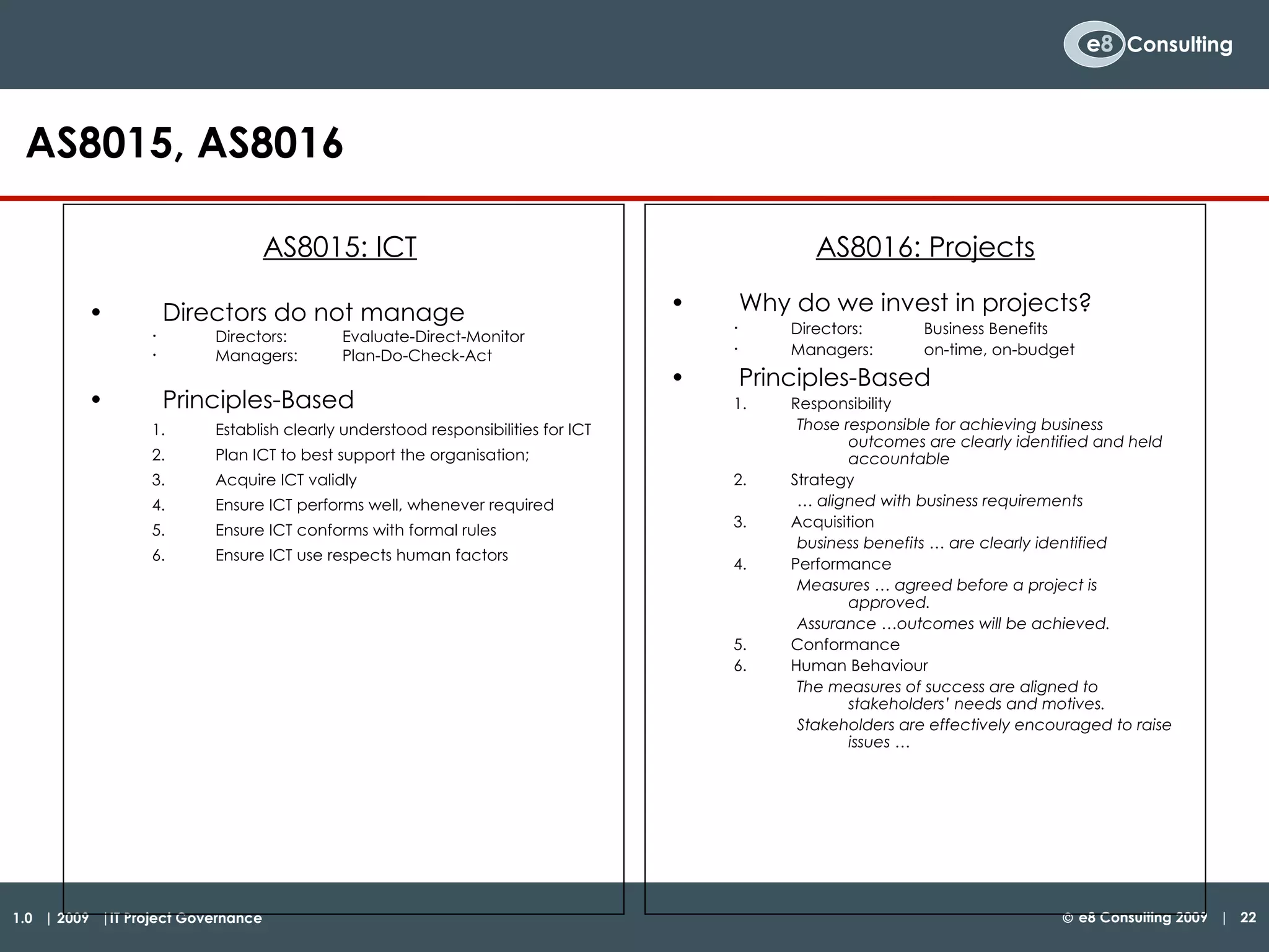AS8015, AS8016 AS8015: ICT   Directors do not manage Directors: Evaluate-Direct-Monitor Managers: Plan-Do-Check-Act Principles-Based Establish clearly understood responsibilities for ICT Plan ICT to best support the organisation; Acquire ICT validly Ensure ICT performs well, whenever required Ensure ICT conforms with formal rules Ensure ICT use respects human factors AS8016: Projects Why do we invest in projects? Directors: Business Benefits Managers: on-time, on-budget Principles-Based Responsibility Those responsible for achieving business outcomes are clearly identified and held accountable Strategy …  aligned with business requirements Acquisition business benefits … are clearly identified Performance Measures … agreed before a project is approved.   Assurance …outcomes will be achieved. Conformance Human Behaviour The measures of success are aligned to stakeholders’ needs and motives. Stakeholders are effectively encouraged to raise issues … 