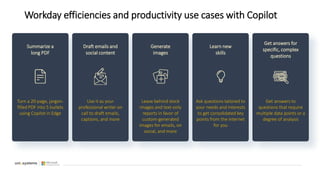 Workday efficiencies and productivity use cases with Copilot
Summarize a
long PDF
Turn a 20-page, jargon-
filled PDF into 5 bullets
using Copilot in Edge
Draft emails and
social content
Use it as your
professional writer on
call to draft emails,
captions, and more
Generate
images
Leave behind stock
images and text-only
reports in favor of
custom-generated
images for emails, on
social, and more
Learn new
skills
Ask questions tailored to
your needs and interests
to get consolidated key
points from the internet
for you
Get answers for
specific, complex
questions
Get answers to
questions that require
multiple data points or a
degree of analysis
 
