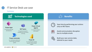 IT Service Desk use case
Summary
2
Technologies used Benefits
Power Apps
for service desk app
development
Power Automate
for notifications delivery &
service desk information
update
Power BI
for visualizing & tracking
requests and providing
insights
MS Teams
for approval requests
handling and information
surfacing
Power Virtual
Agents
for request progress
information
Save time by performing your actions
only on MS Teams
Avoid communication disruption
due to multiple emails
Build your own service desk,
tailored to your needs
 