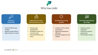 Why low-code
Enhanced
Productivity
• Quick & efficient app
creation
• Speedy market delivery
• Agile response to needs
Empowerment of Non-
Technical Business Users
• Inclusive app
development
• Simplified creation for
non-tech users
• Enhanced efficiency &
focus
Increased time-saving
benefits
• Creation of time-saving
automations
• Optimized operational
efficiency
• Reduced integration time
needed
Enhanced organizational
data usage
• Seamless system
integration
• Enhanced customer
experiences
• Personalized services
 