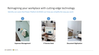 Reimagining your workplace with cutting-edge technology
Expenses Management IT Service Desk Document Digitization
Identify use cases that Power Platform & M365 can help you simplify the way you work
1 2 3
 