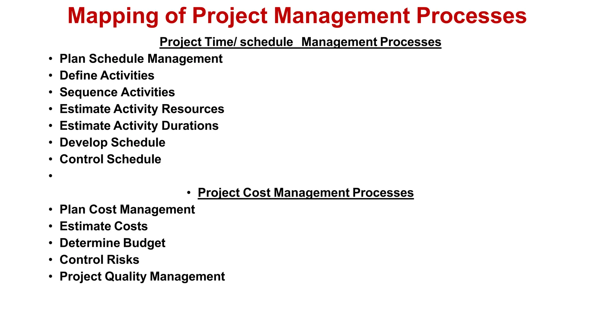 Mapping of Project Management Processes
Project Time/ schedule Management Processes
• Plan Schedule Management
• Define Activities
• Sequence Activities
• Estimate Activity Resources
• Estimate Activity Durations
• Develop Schedule
• Control Schedule
•
• Project Cost Management Processes
• Plan Cost Management
• Estimate Costs
• Determine Budget
• Control Risks
• Project Quality Management
 