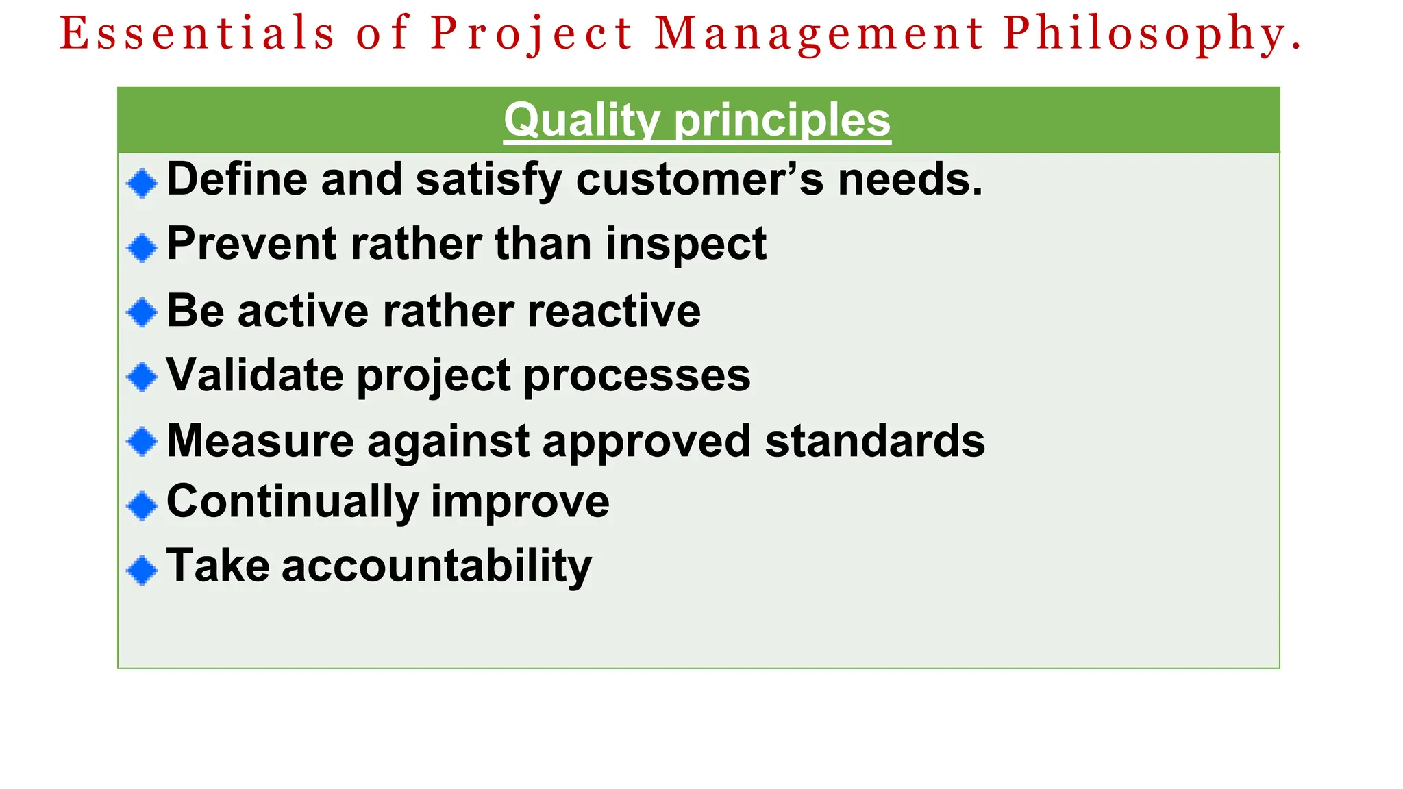 E s s e n t i a l s o f P r o j e c t Management Philosophy.
Quality principles
Define and satisfy customer’s needs.
Prevent rather than inspect
Be active rather reactive
Validate project processes
Measure against approved standards
Continually improve
Take accountability
 