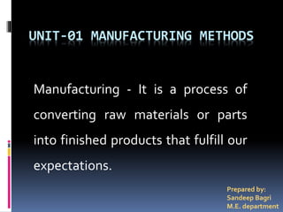 UNIT-01 MANUFACTURING METHODS
Manufacturing - It is a process of
converting raw materials or parts
into finished products that fulfill our
expectations.
Prepared by:
Sandeep Bagri
M.E. department
 